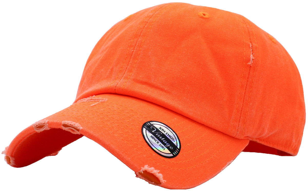 Neon Orange Distressed Vintage Baseball Cap Front Side View